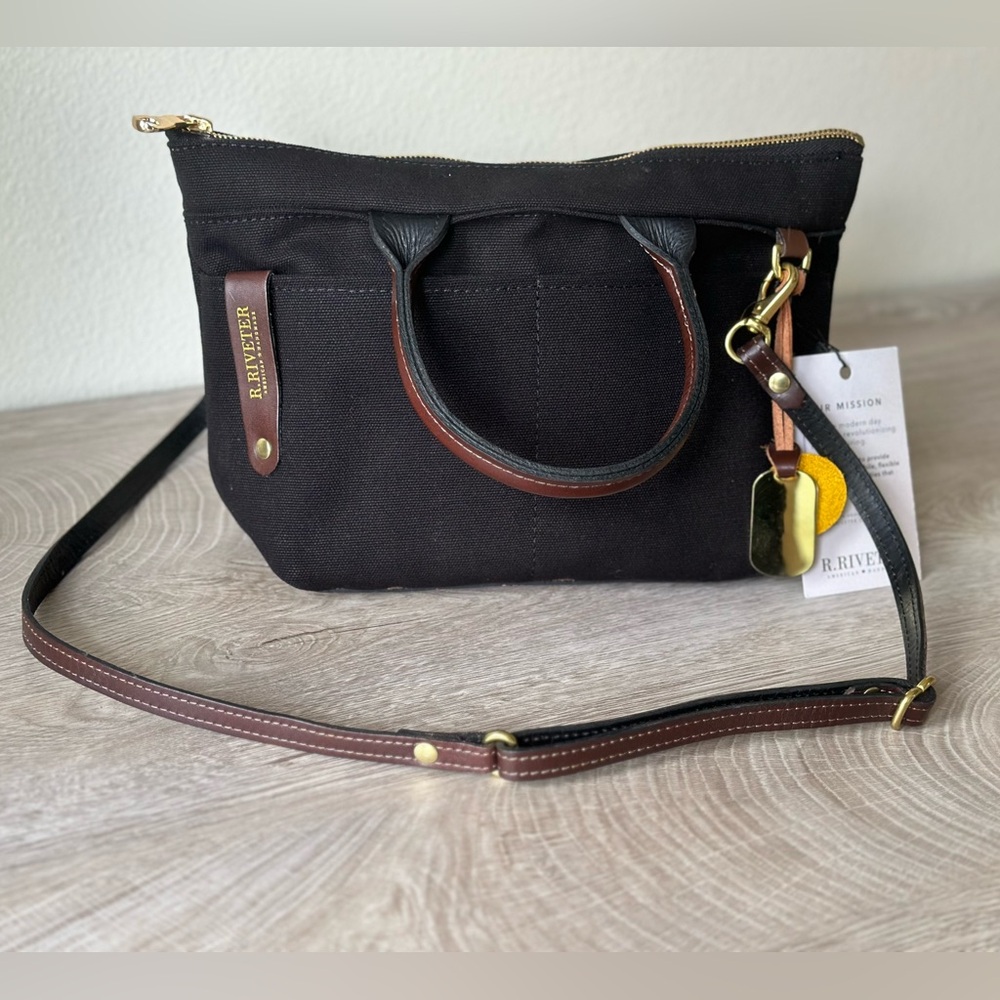R. Riveter DOT Black Nylon & Brown Leather crossbody purse New With Tags